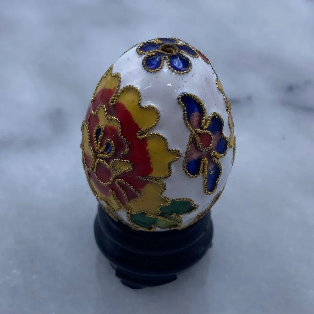 Cloisonne Enamel Floral Miniature Decorative Egg White Red Gold Stand Art Easter